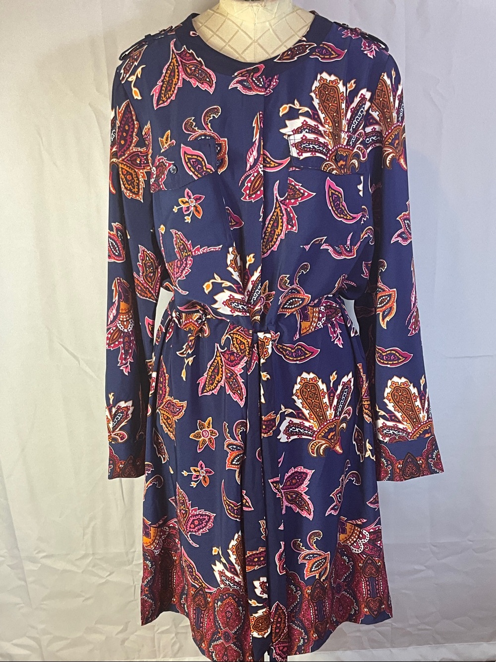 Liz Claiborne Long Sleeve Belted Button Down Midi Shirt Dress Size Large New